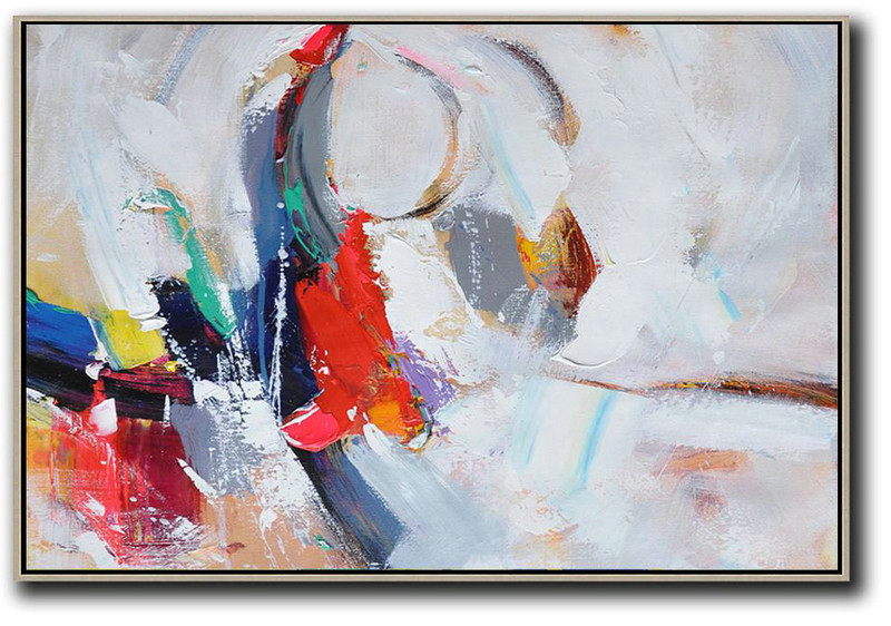 Abstract Painting For Home,Horizontal Palette Knife Contemporary Art,Hand Painted Aclylic Painting On Canvas,White,Grey,Dark Blue,Red.etc